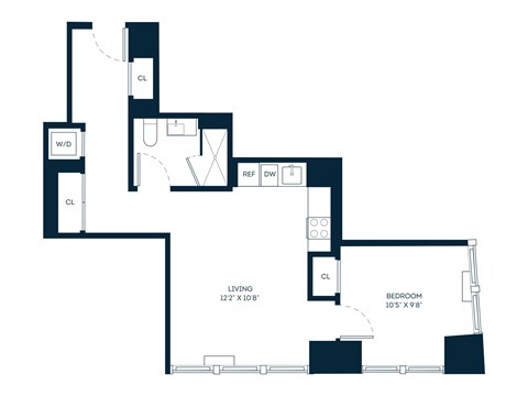 Floor plan for 1 bed, 1 bath, 619 sqft